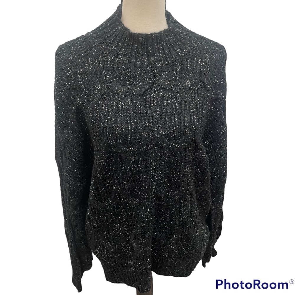 New Directions black with metallic gold cable knit mock neck sweater NWT Size XL
